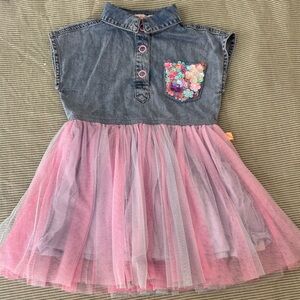 Billieblush Blue Denim dress with Pink Buttons, Nice pocket, with flared skirt